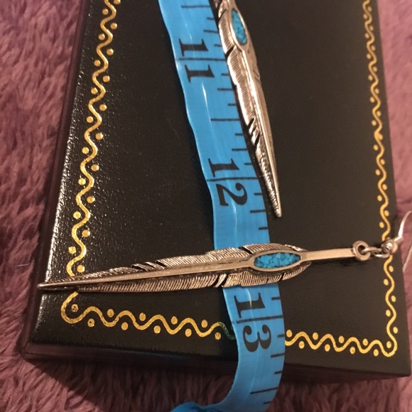 Vintage Native American 925 Arrow Feather Turquoise Dangle Earrings - Picture 12 of 15